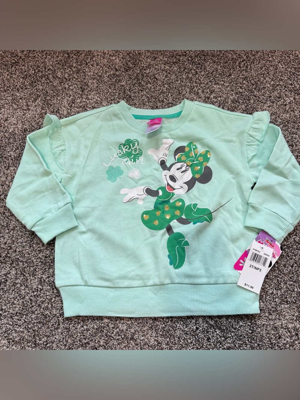Disney Mint Green Minnie Mouse 'Lucky Girl' Ruffle Sleeve Sweatshirt